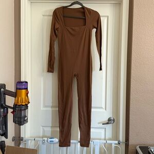Brown Long Sleeve Jumpsuit with a Square Neckline, Women’s Small